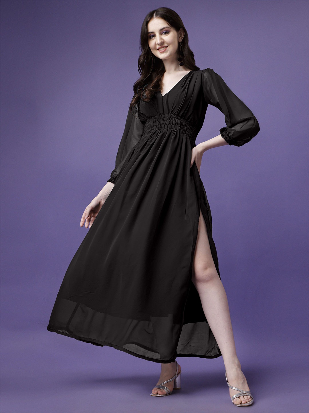 

Krunal Raiyani Applique Georgette Fit & Flare Maxi Dress, Black
