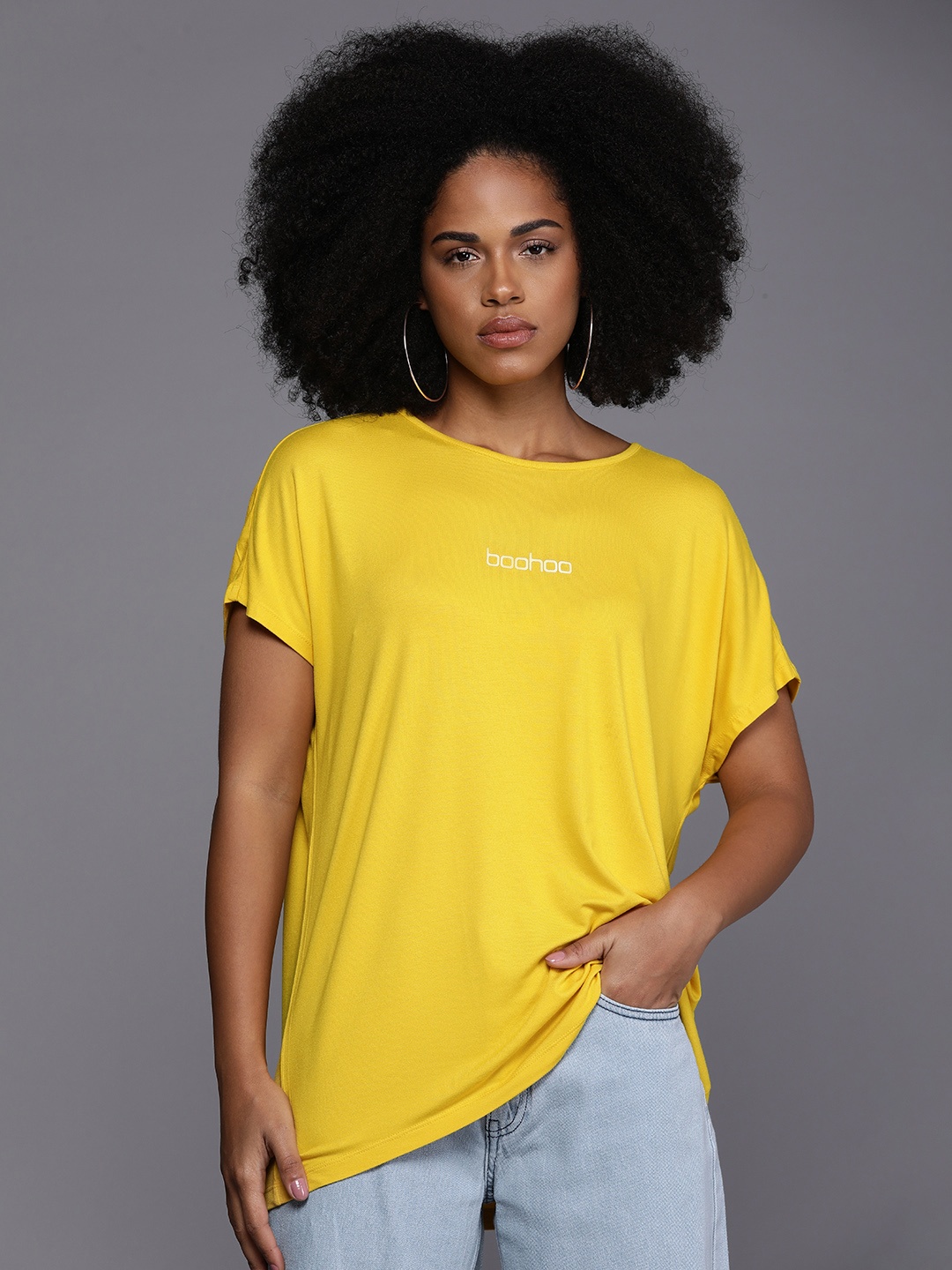 

Boohoo Brand Logo Printed Extended Sleeves Casual T-shirt, Yellow