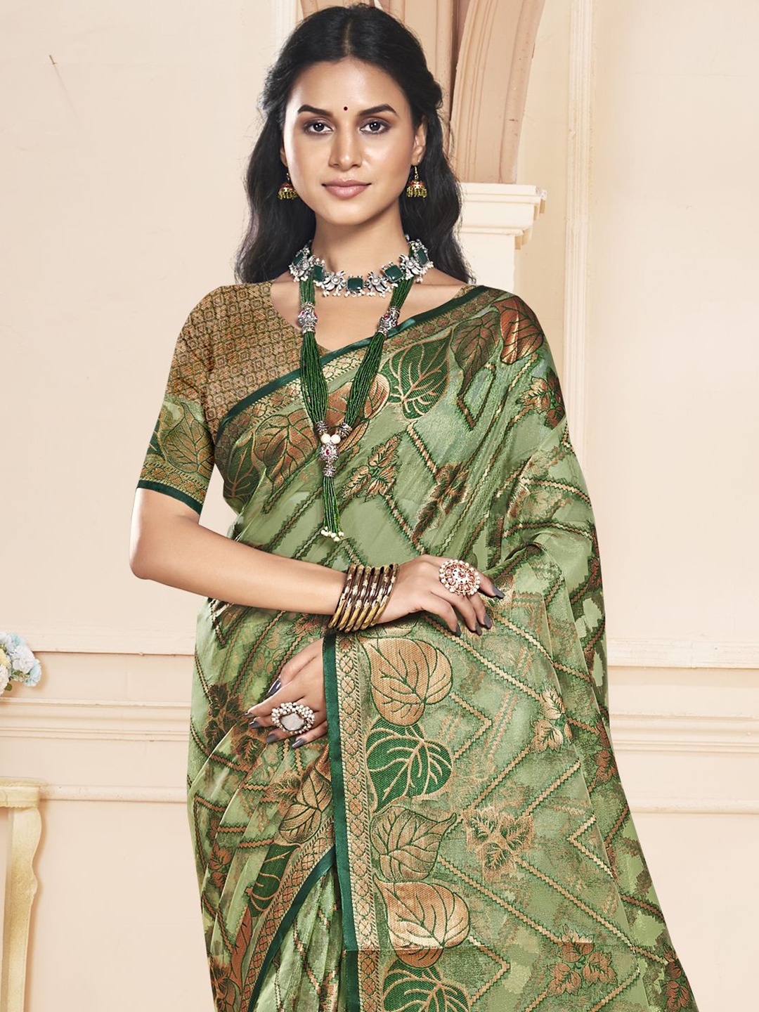 

Ishin Woven Design Zari Organza Saree, Green