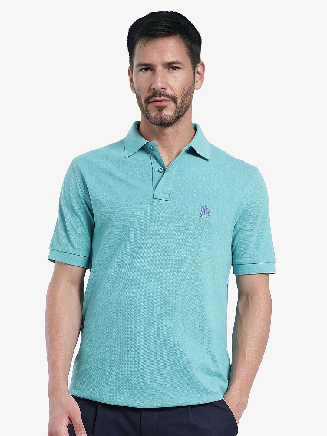 

RARE RABBIT Men Printed Polo Collar Pockets T-shirt, Turquoise blue