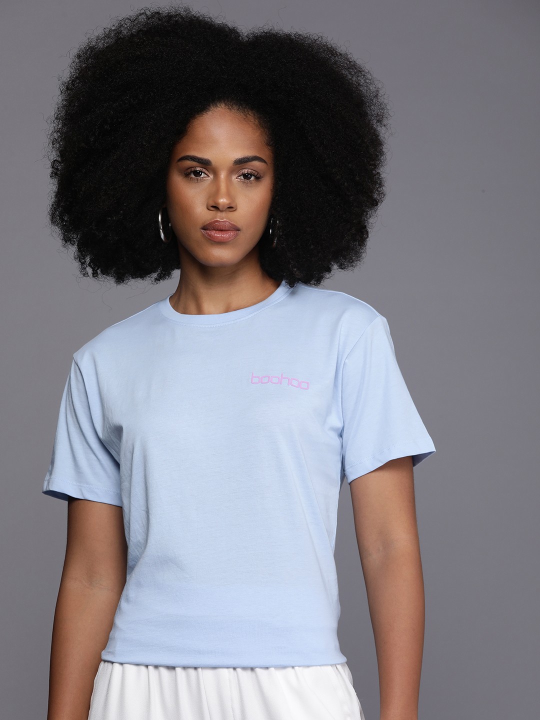 

Boohoo Pure Cotton Brand Logo Printed Casual T-shirt, Blue