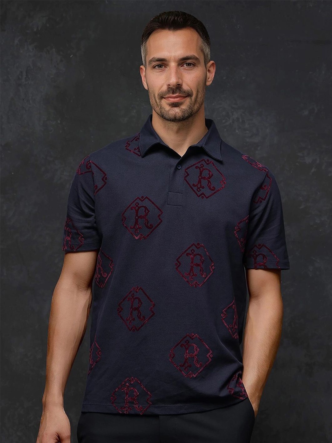 

RARE RABBIT Men Conversational Printed Polo Collar Cotton T-shirt, Navy blue