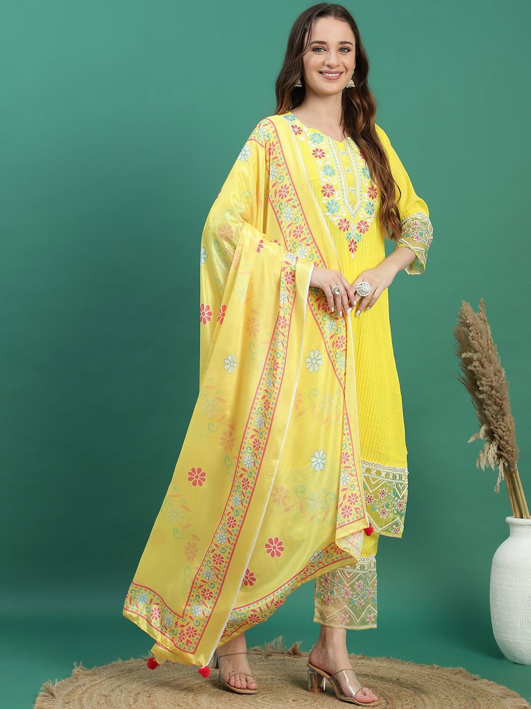 

Ramas Ethnic Motifs Embroidered Sequinned Pure Cotton Kurta with Trousers & Dupatta, Yellow