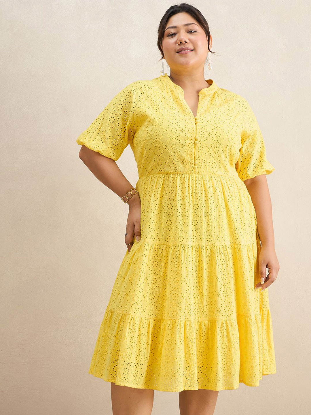 

FEMMELLA Schiffli Button Down Cotton Fit & Flare Dress, Yellow