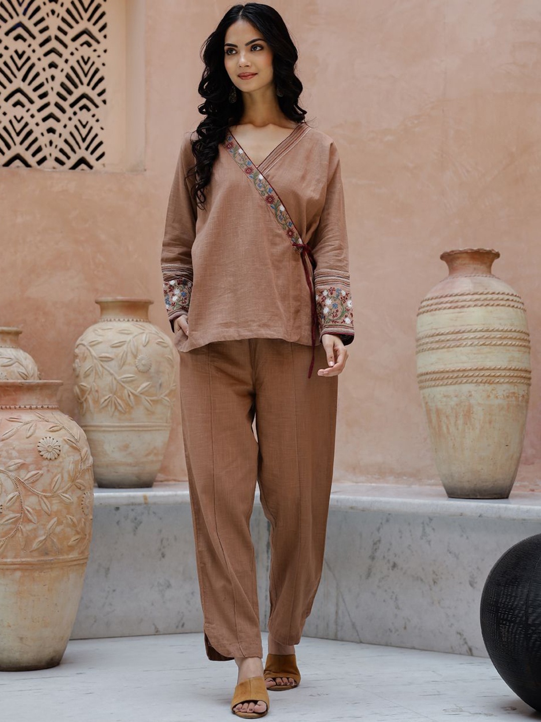 

Sangria Embroidered V-Neck Long Sleeves Pure Cotton Top With Trouser, Brown