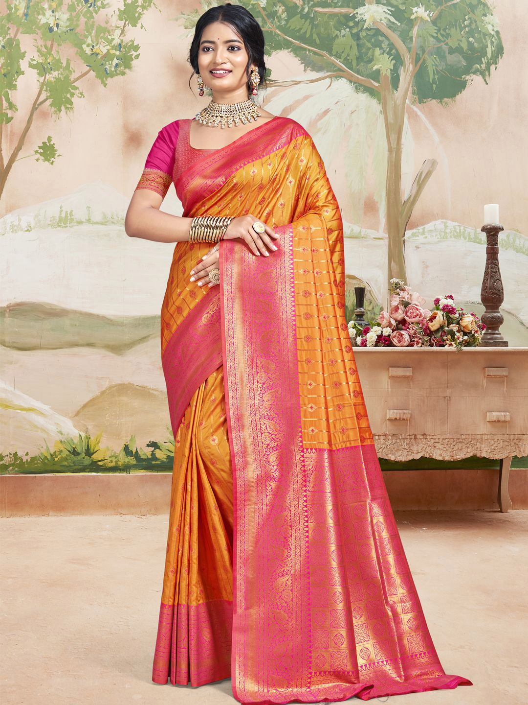 

Ishin Woven Design Zari Silk Blend Saree, Orange