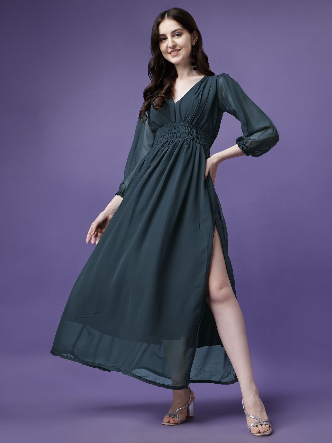 

Raiyani Enterprise Applique Georgette Fit & Flare Maxi Dress, Blue