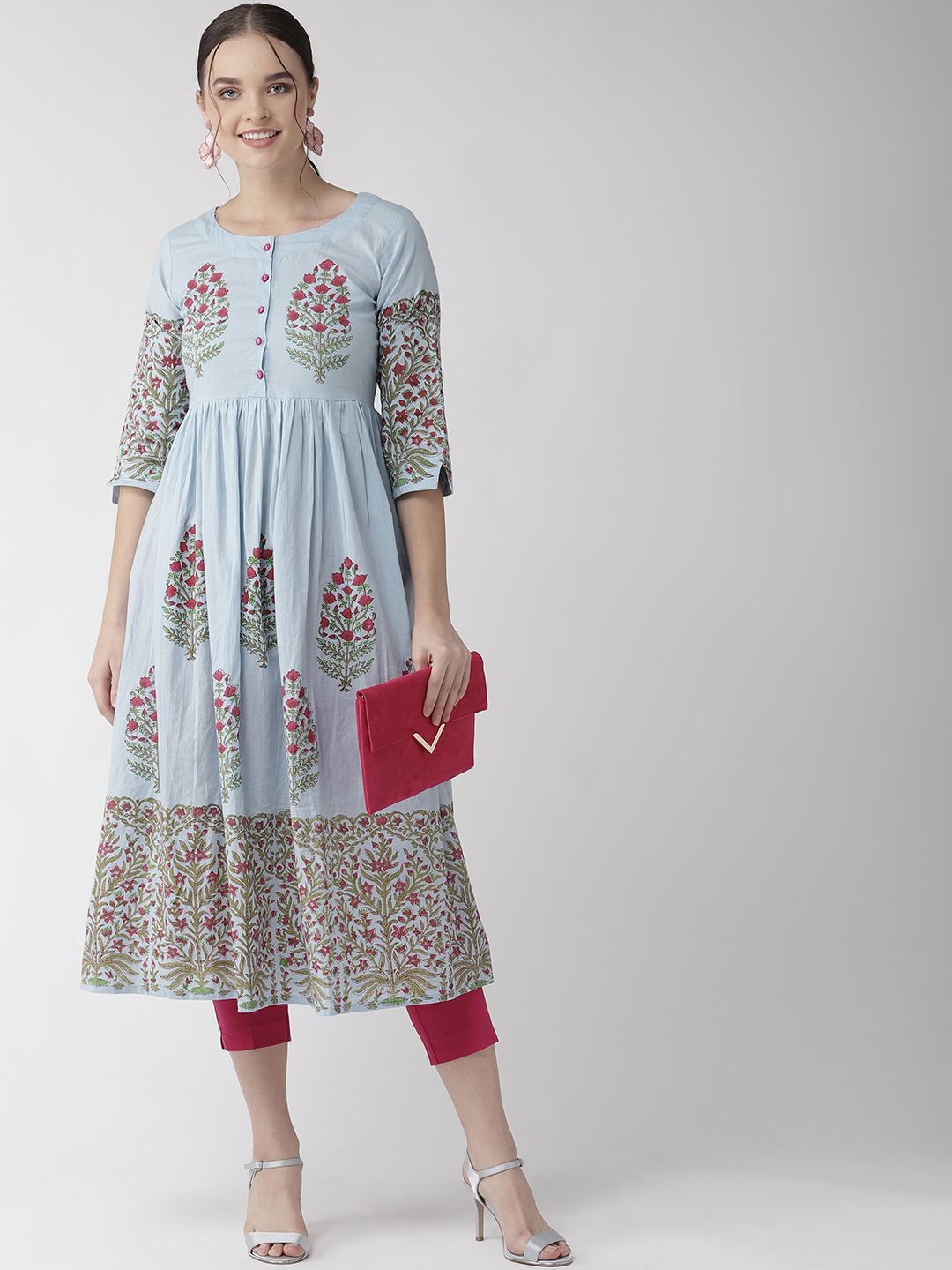 

Anouk Blue Ethnic Motifs Printed Round Neck Pure Cotton A-Line Kurta