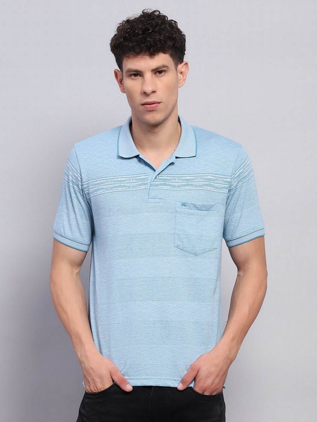 

Monte Carlo Men Striped Polo Collar Cotton T-shirt, Blue