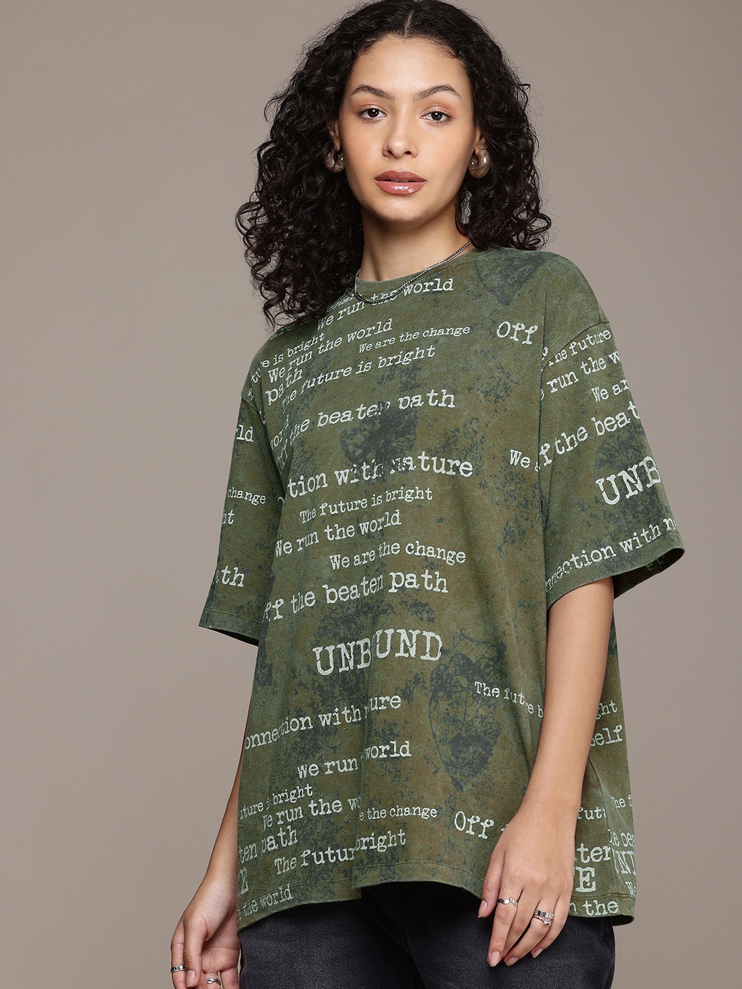 

The Roadster Life Co. Typography Printed Pure Cotton Washed Effect Oversized T-shirt, Green