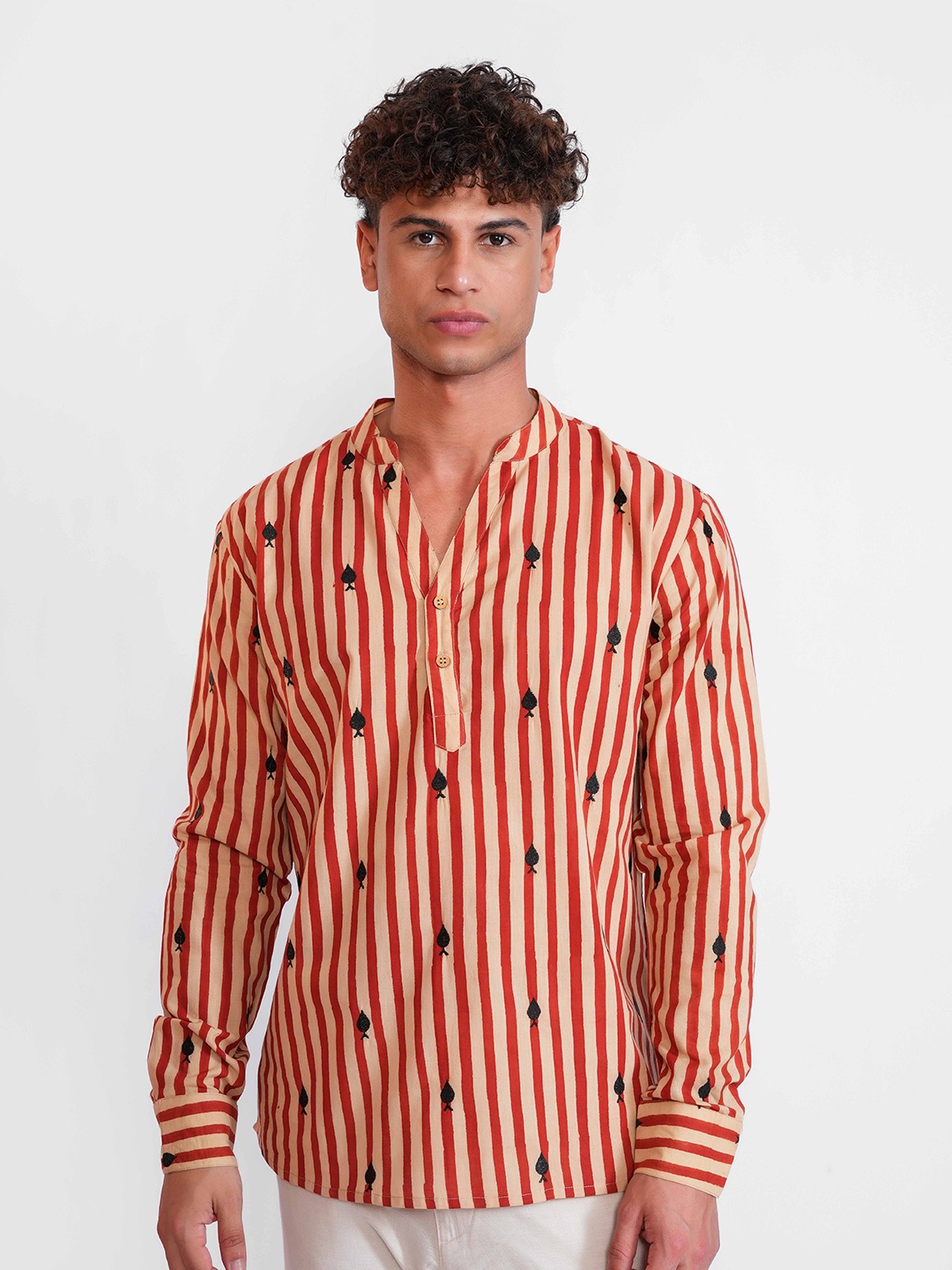 

DALCHINII Men Relaxed Mandarin Collar Vertical Striped Cotton Casual Shirt, Red