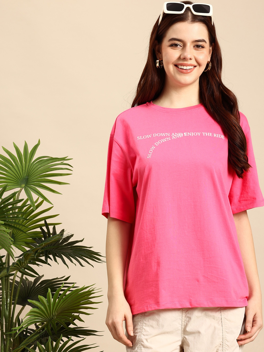 

Mast & Harbour Typography Printed Drop-Shoulder Sleeves Pure Cotton T-shirt, Pink