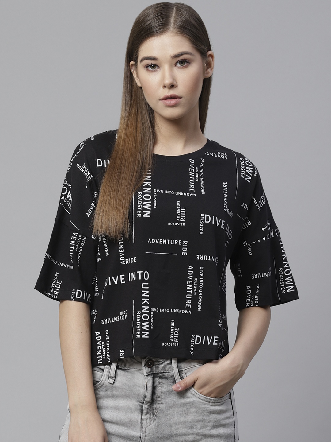 

Roadster Women Black & White Printed Round Neck T-shirt