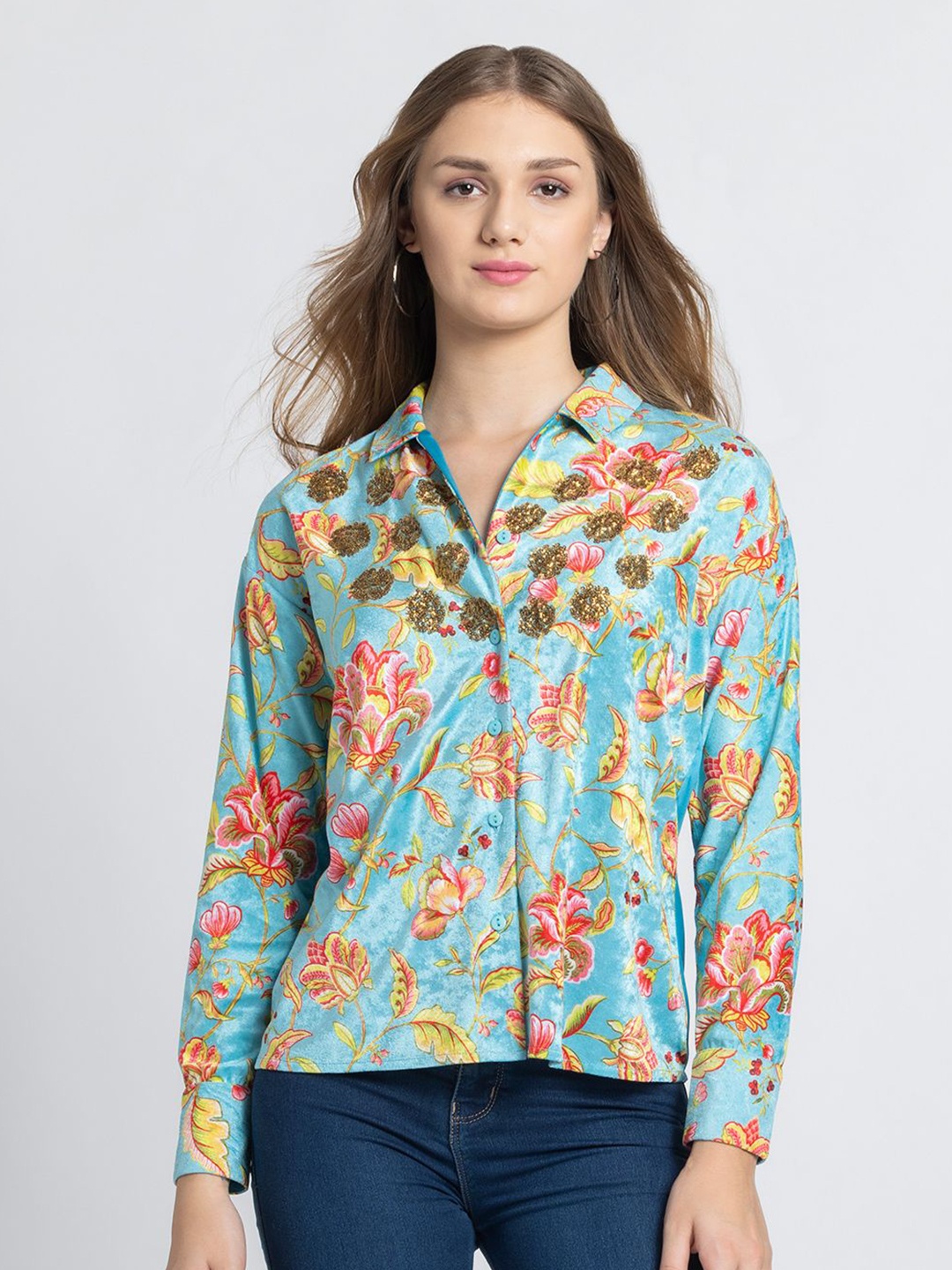 

SHAYE Women Smart Floral Opaque Printed Party Shirt, Blue