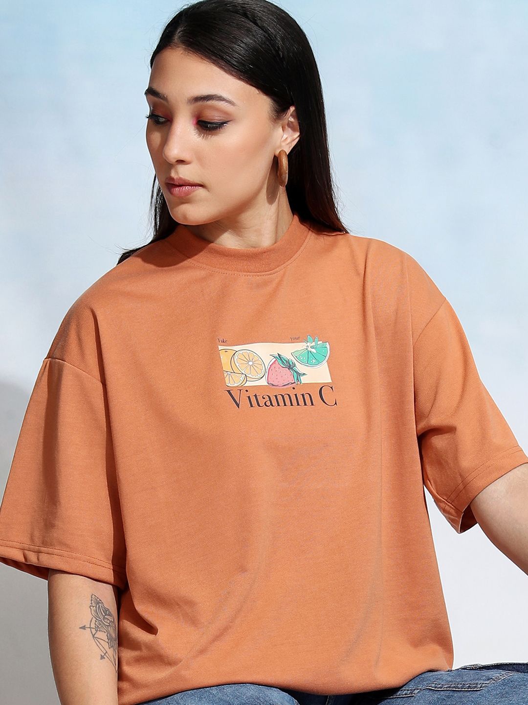 

Tokyo Talkies Women Graphic Printed Oversized T-shirt, Camel brown