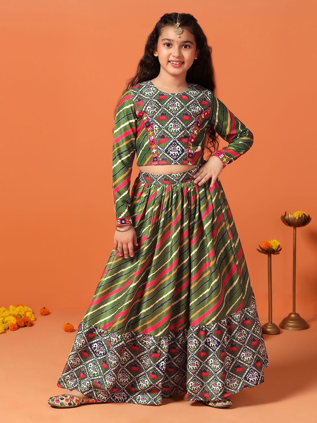 

FASHION DREAM Girls Printed Cotton Ready to Wear Lehenga & Choli, Green