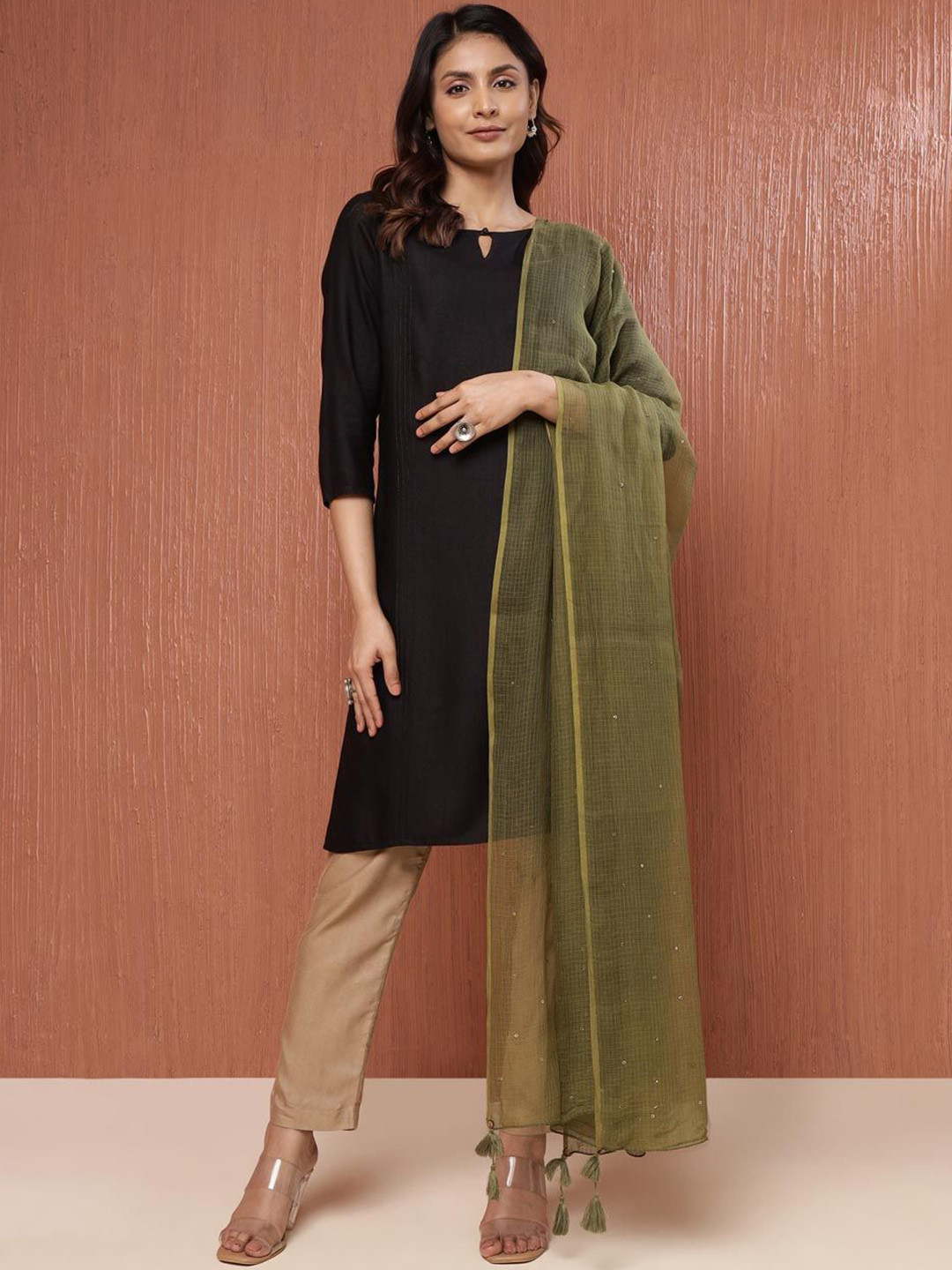 

Fabindia Geometric Embroidered Beads and Stones Cotton Silk Dupatta, Olive