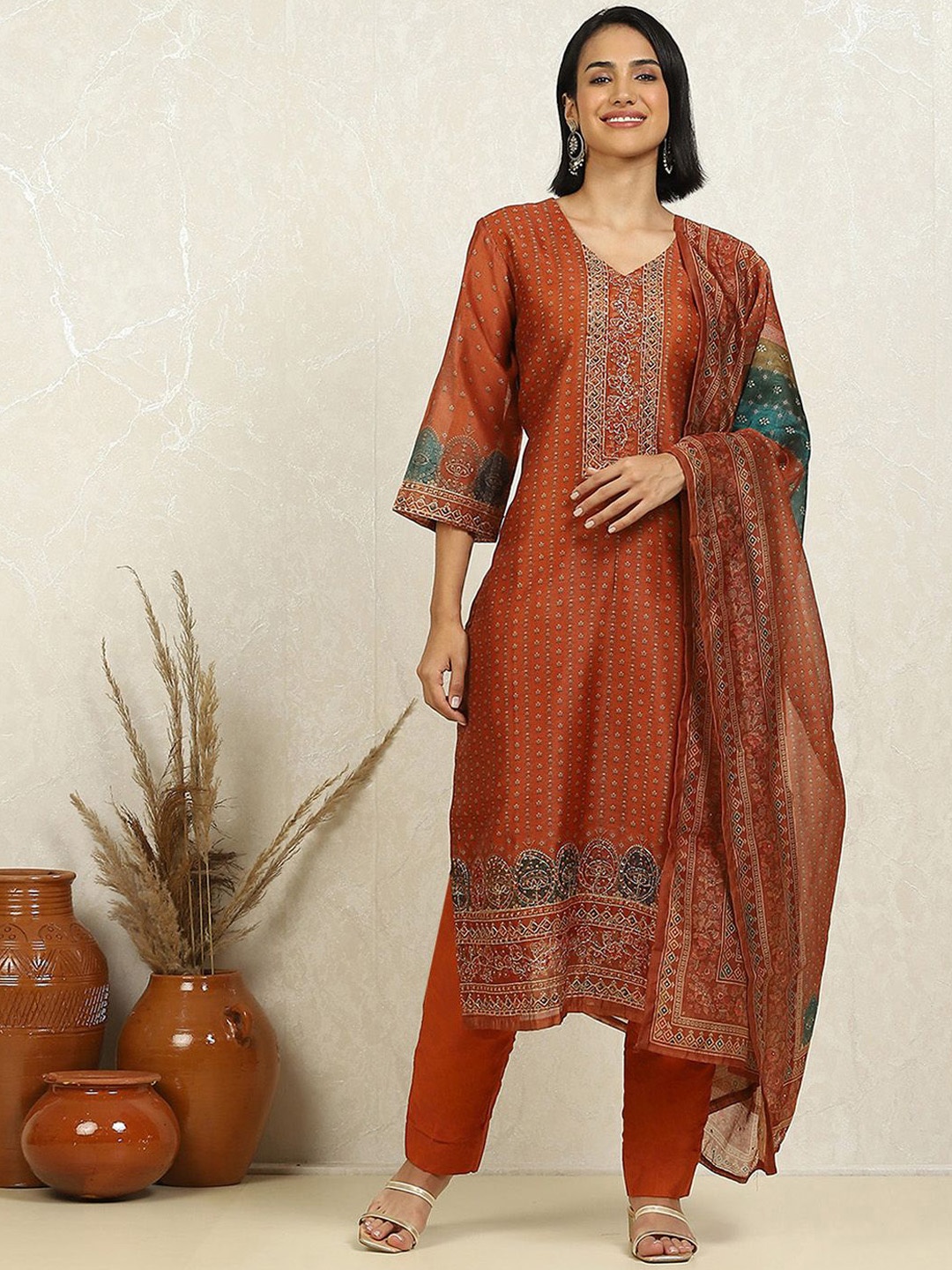 

Biba Ethnic Motifs Printed Sequinned Unstitched Dress Material, Brown