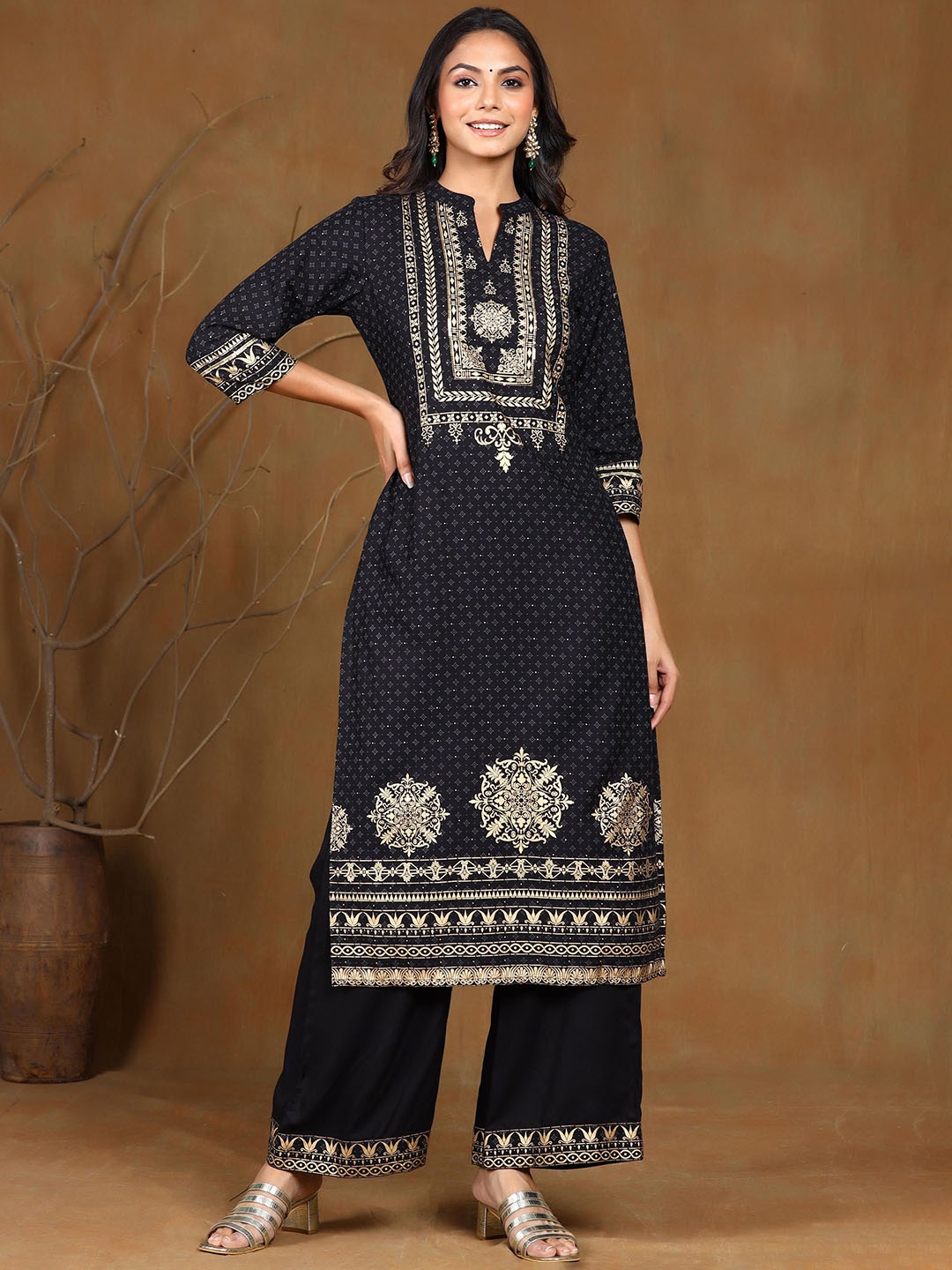 

Juniper Ethnic Motifs Woven Design Mandarin Collar Liva Straight Kurta, Black