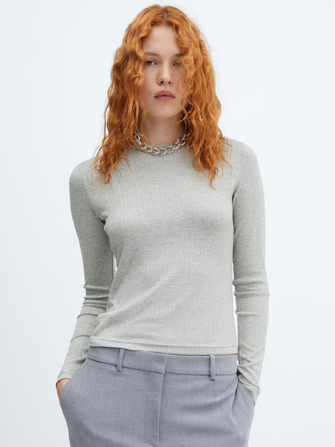 

MANGO Women Ribbed Mandarin Collar T-shirt, Grey