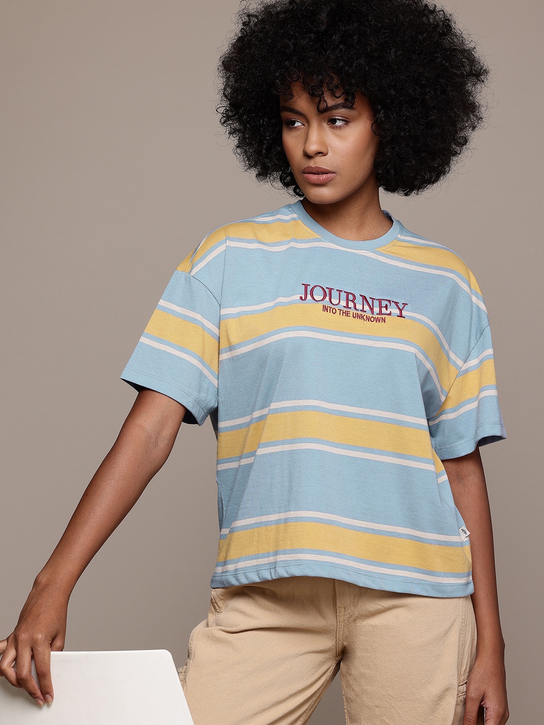 

The Roadster Lifestyle Co. Striped Drop-Shoulder Sleeves Oversized T-shirt, Blue