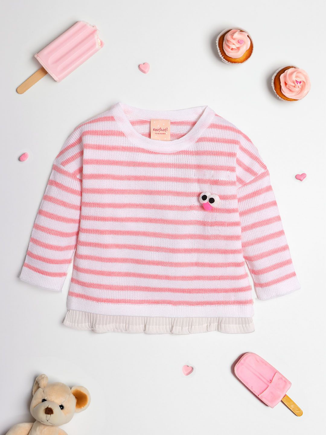 

Nauti Nati Girls Striped Pullover with Applique Detail, Pink