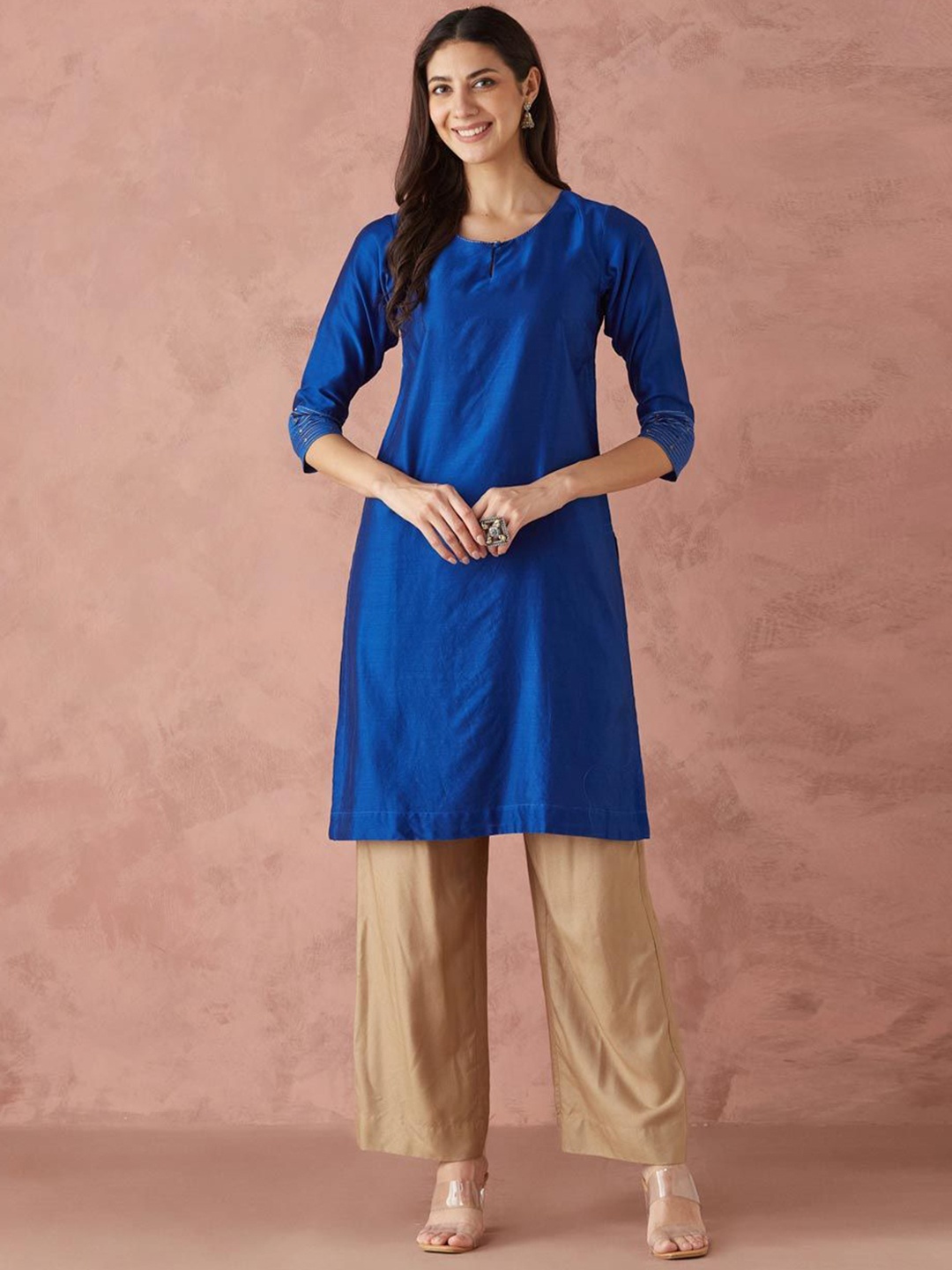 

Fabindia Keyhole Neck Cotton Silk Straight Kurta, Blue