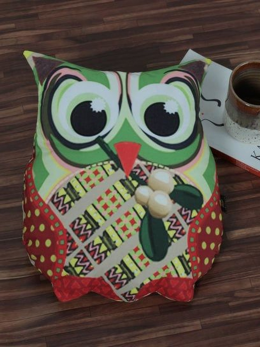 

Lushomes Green & Red Printed Owl Pre-Filled Cushion