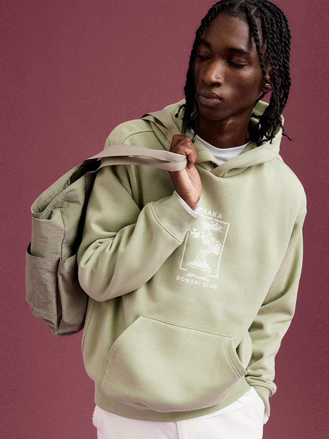 

H&M Men Loose Fit Printed Hoodie, Green