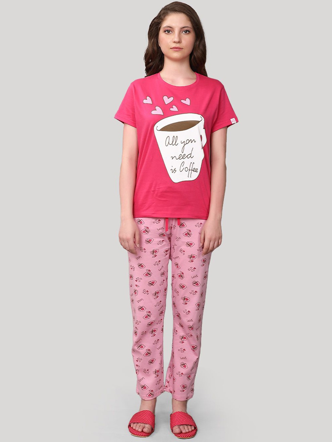 

evolove Women Graphic Printed Pure Cotton Night suit, Pink