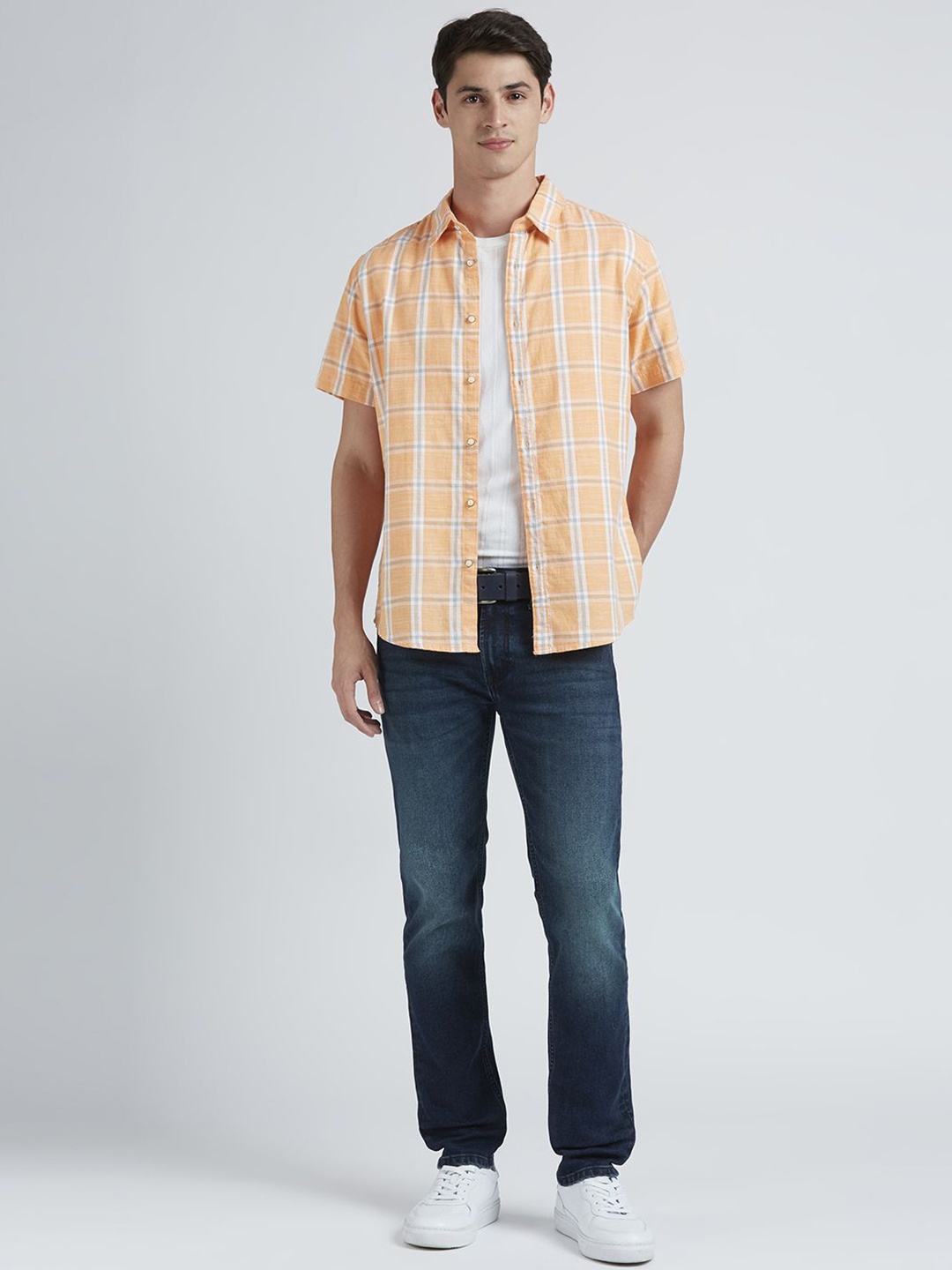 

Pepe Jeans Men Spread Collar Grid Tattersall Checked Cotton Casual Shirt, Beige
