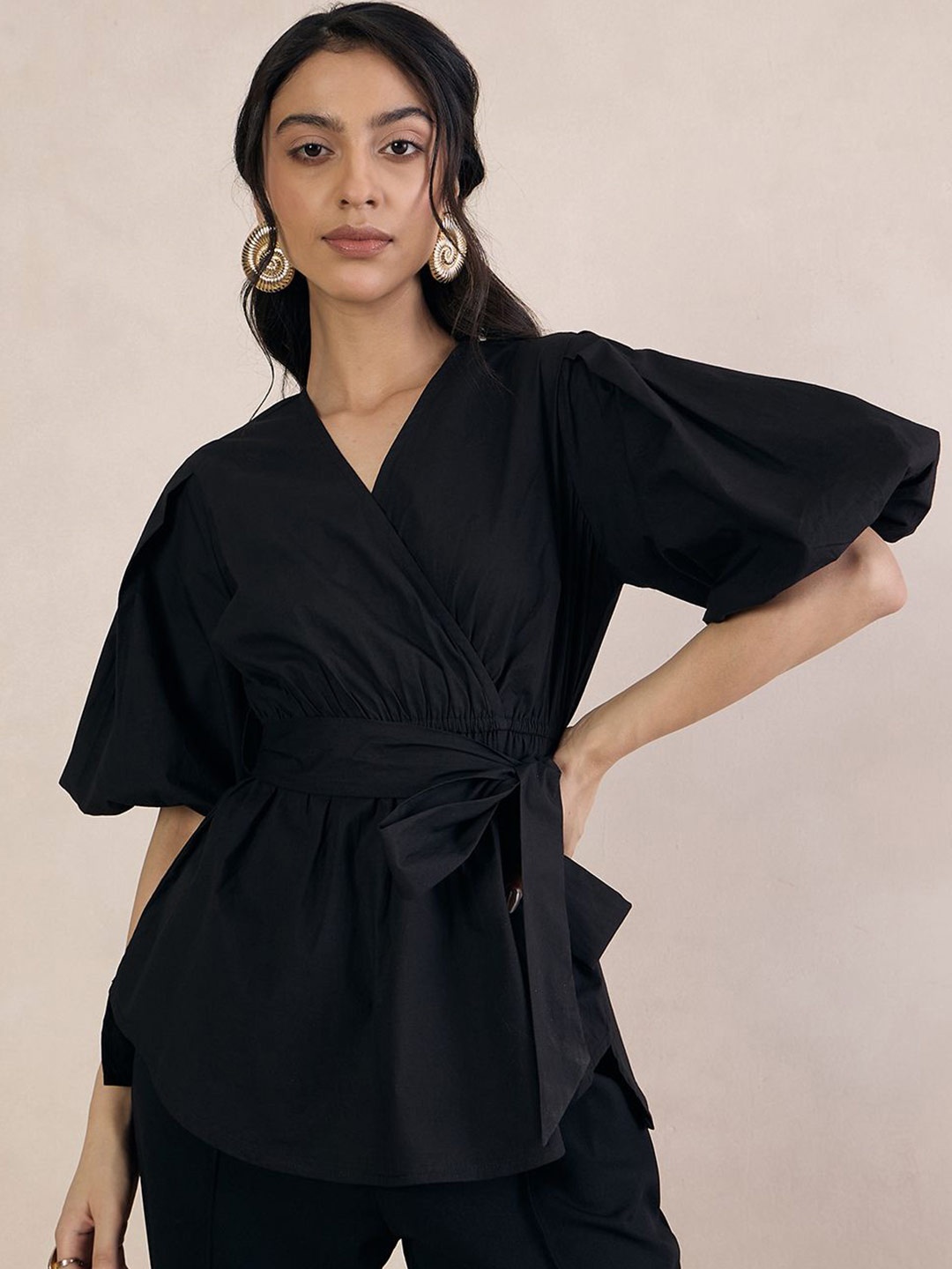 

FEMMELLA Women Cotton Puff Sleeves Wrap Top, Black