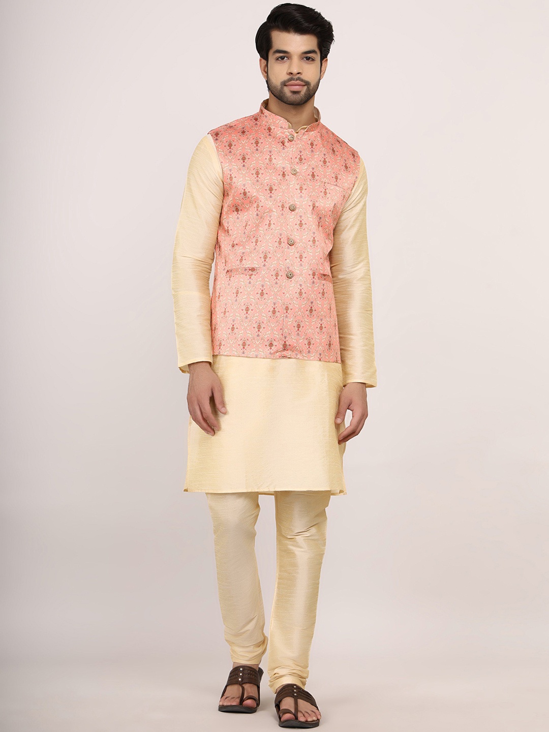 

Sadree Mandarin Collar Long Sleeves Pastels Straight Kurta with Churidar & Nehru jacket, Gold