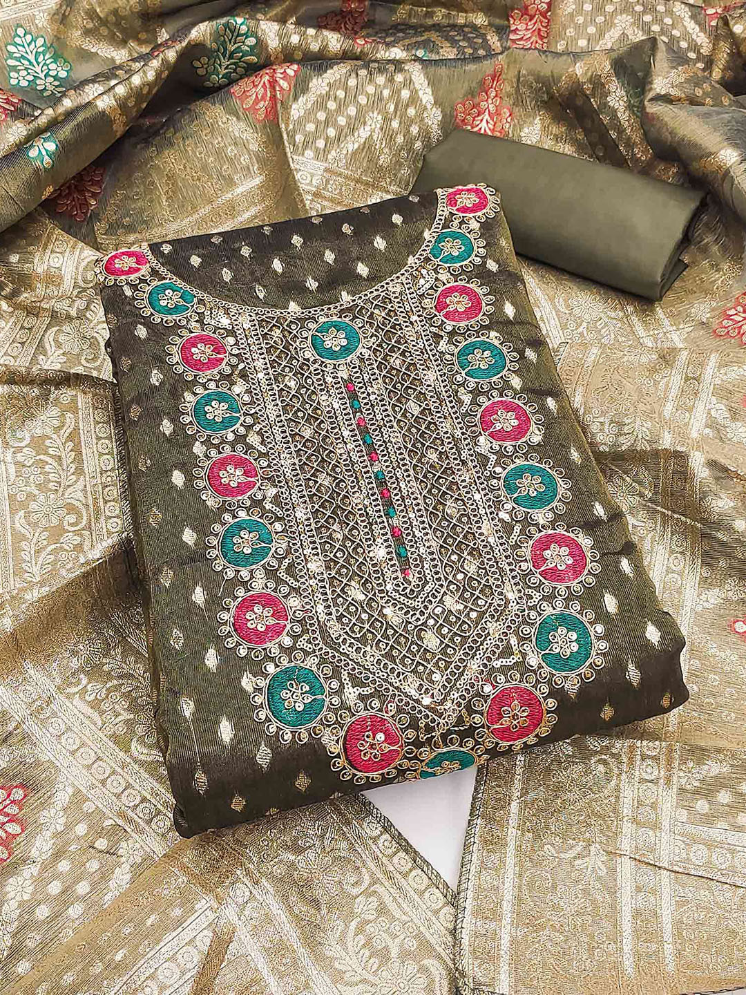 

Peachmode Ethnic Motifs Woven Design Unstitched Dress Material, Grey