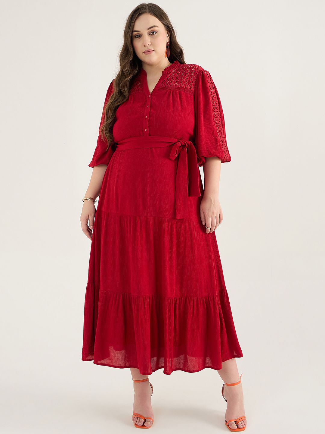 

FEMMELLA Women Embroidered Flared Sleeve Maxi Dress, Red