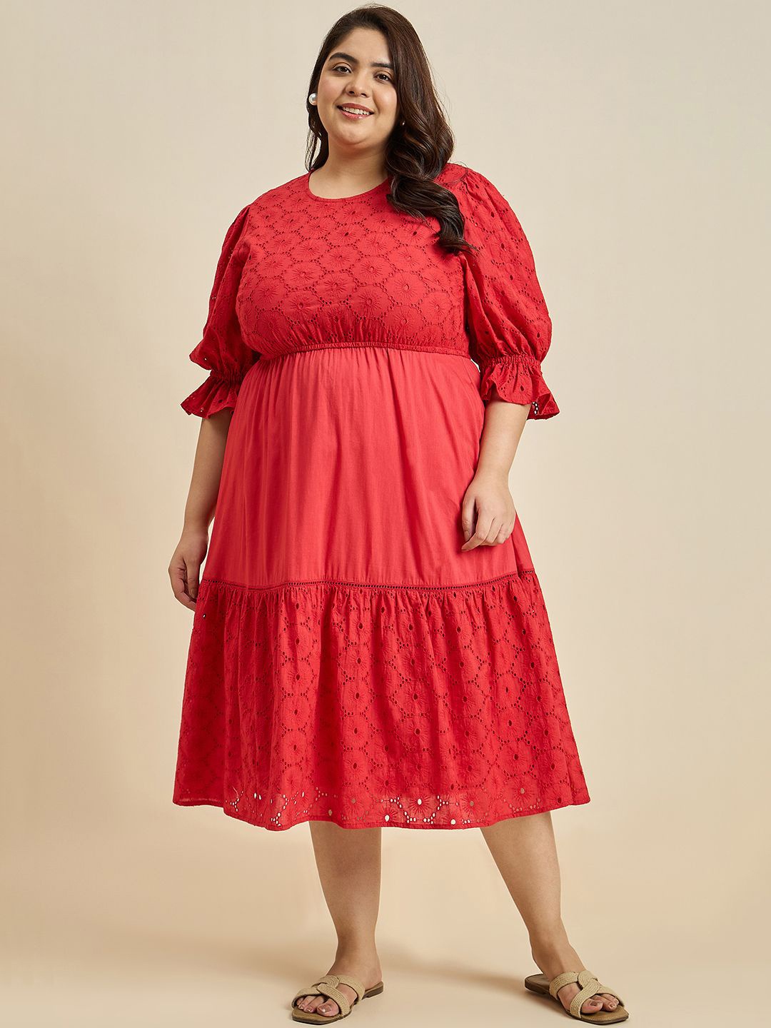 

FEMMELLA Women Self Design Puff Sleeve Cotton Empire Midi Dress, Red