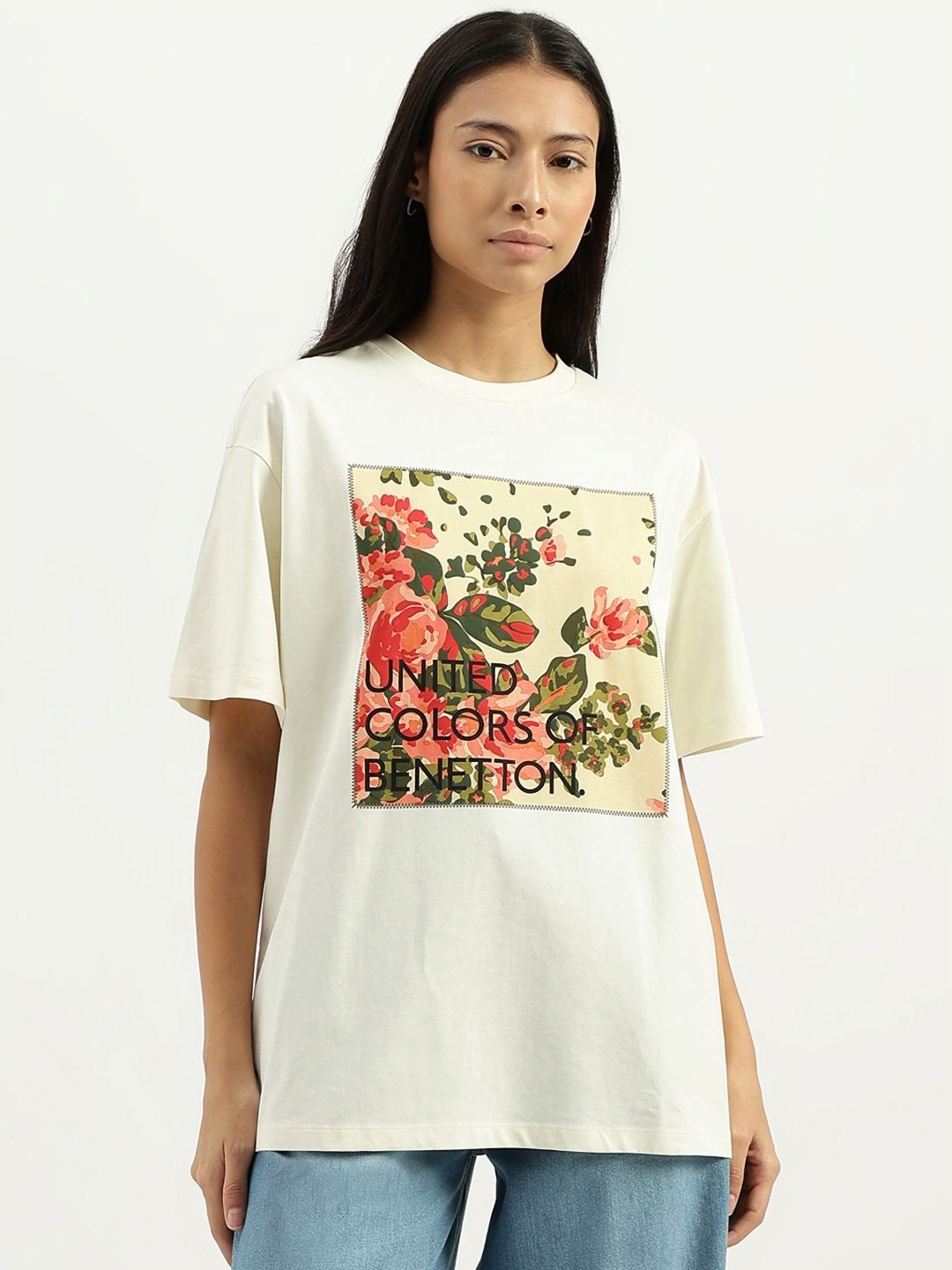 

United Colors of Benetton Women Floral Printed Round Neck Pure Cotton Oversized T-shirt, White