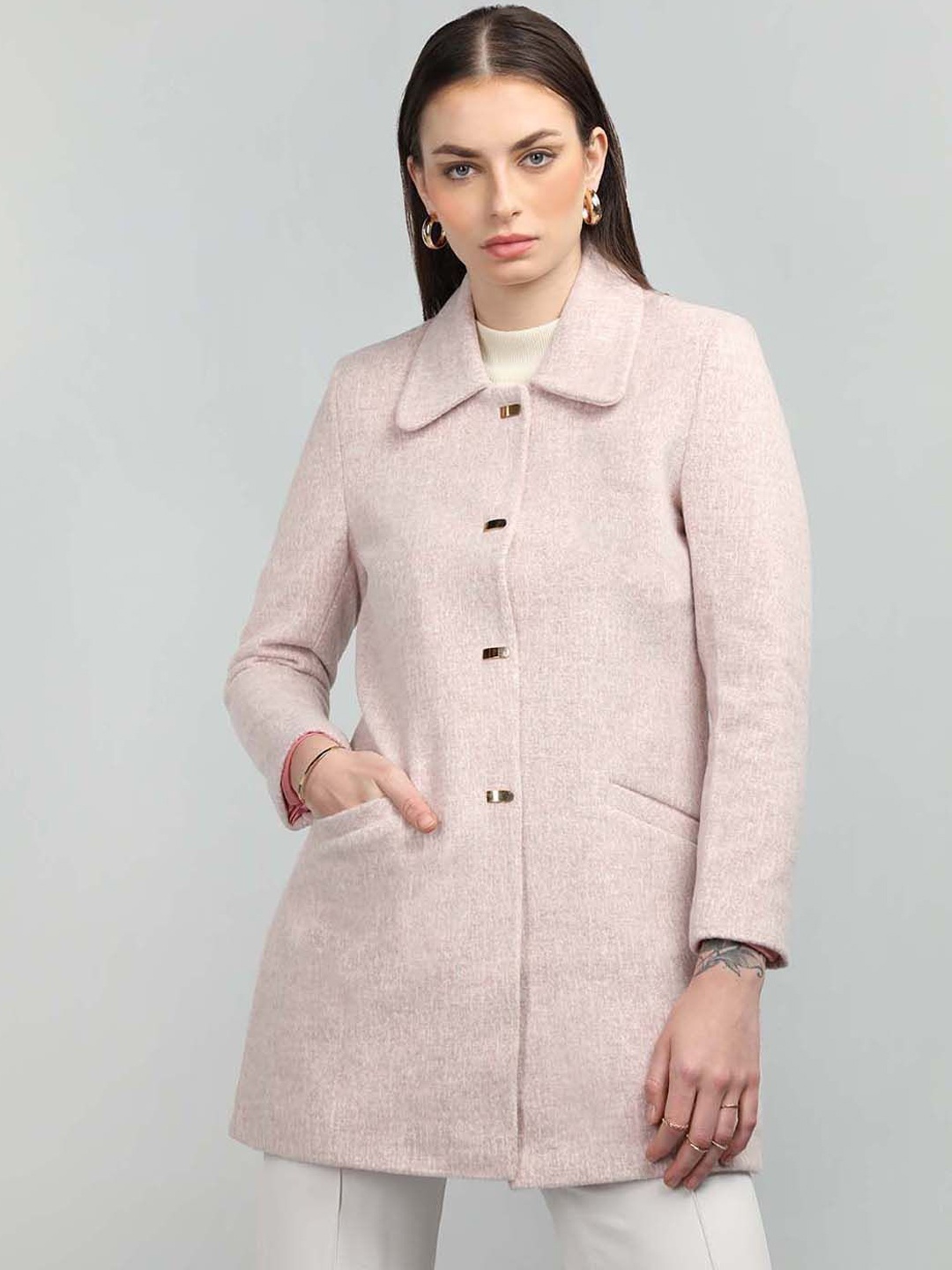 

HONNETE Single-Breasted Spread Collar Coat, Pink
