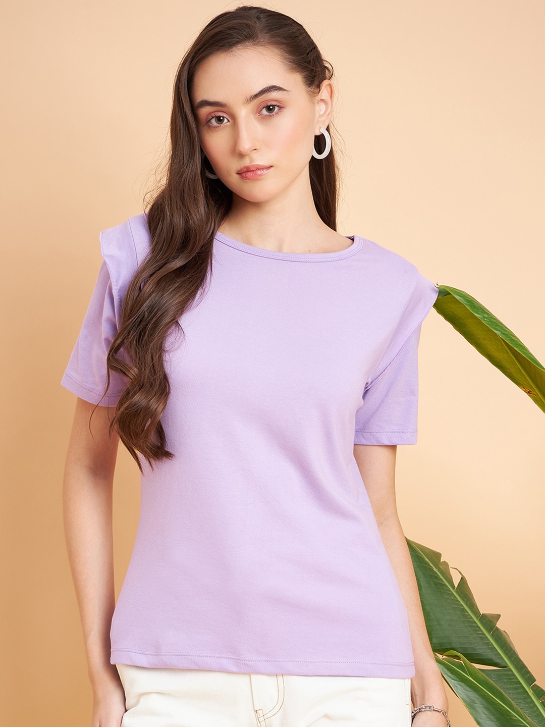 

MINT STREET Women Lavender Drop-Shoulder Sleeves Pockets T-shirt