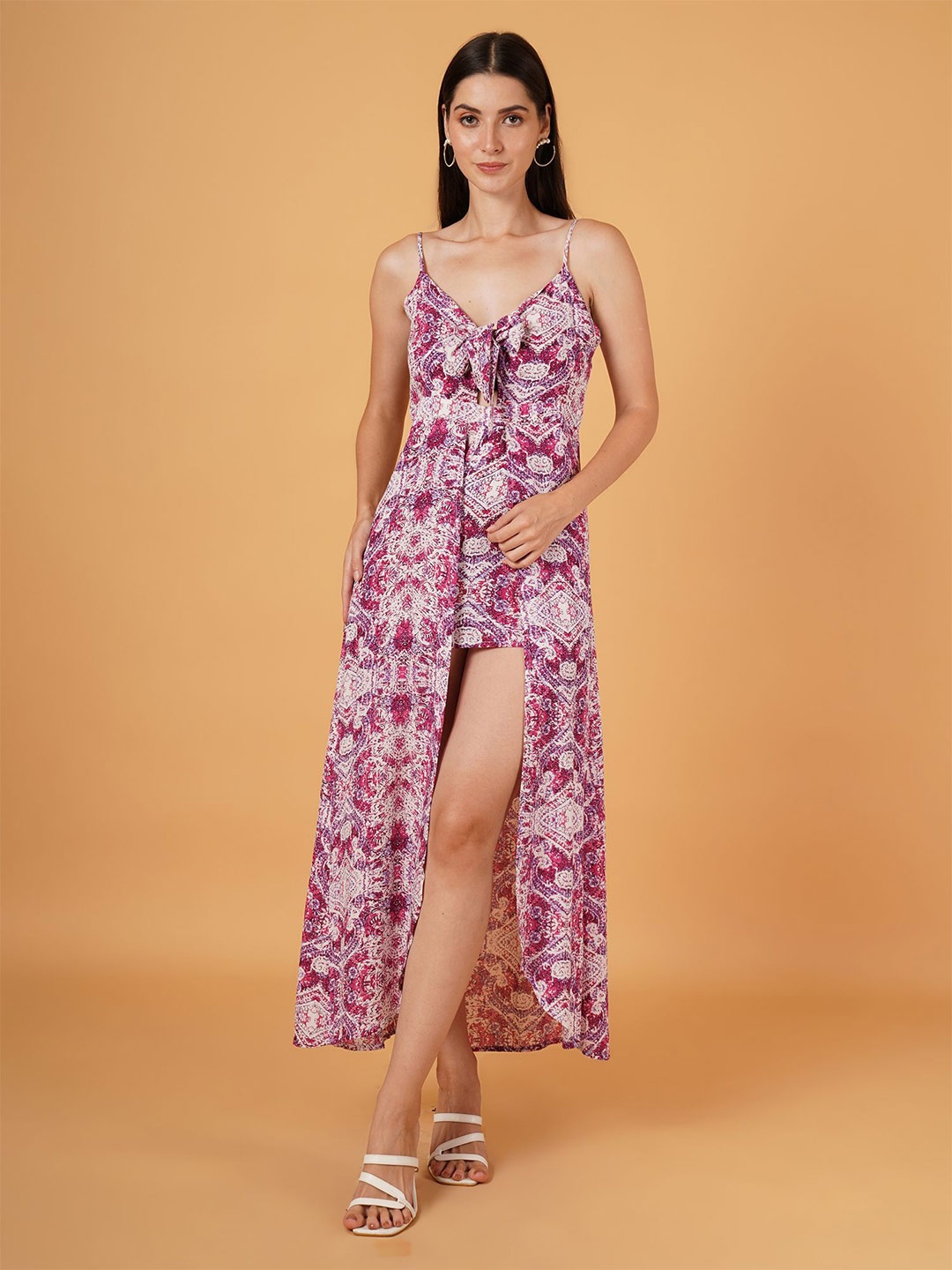

IX IMPRESSION Halter Neck Printed Culotte Jumpsuit, Purple