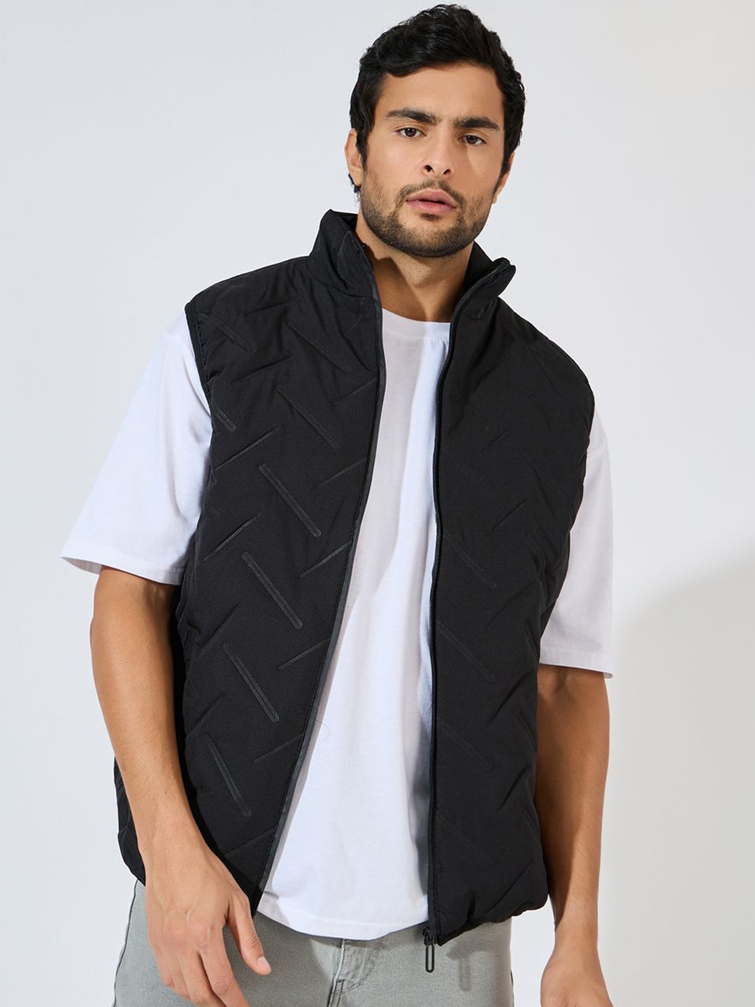 

Styli Men Mock Collar Solid Casual Puffer Jacket, Black