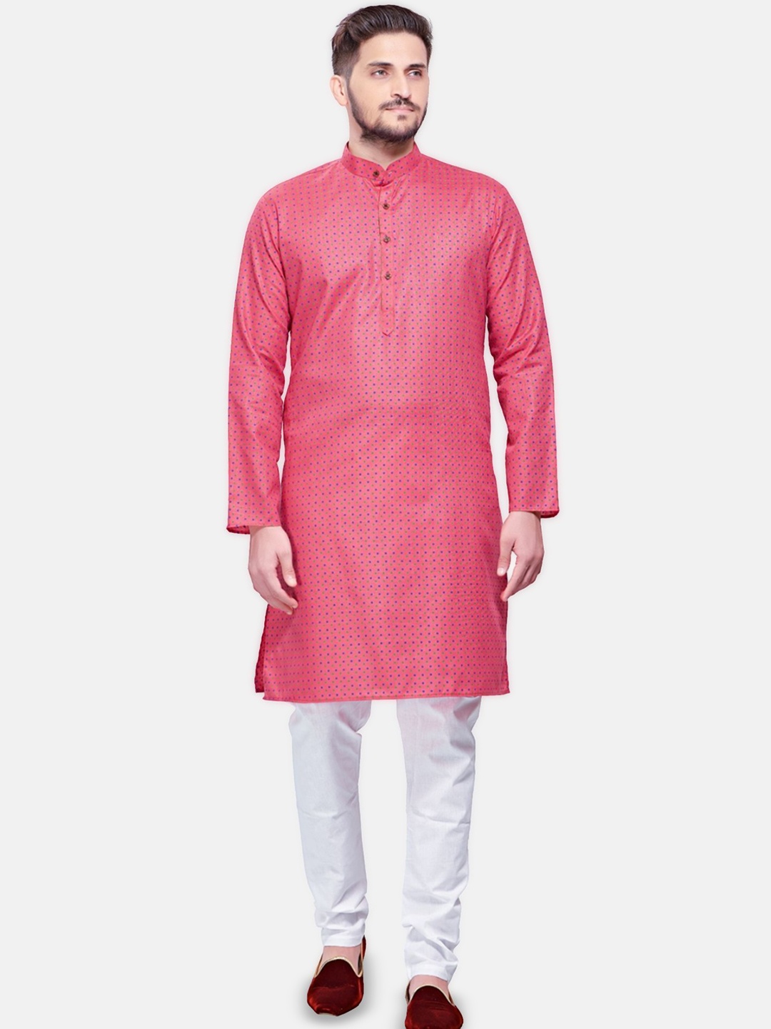

ENCINO Pulka Dots Printed Band Collar Cotton Straight Kurta, Pink