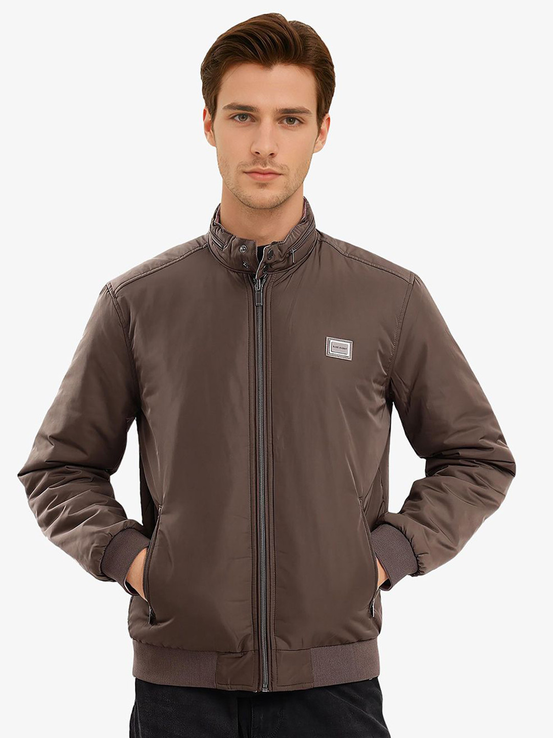 

RARE RABBIT Men Mandarin Collar Solid Casual Open Front Jacket, Brown