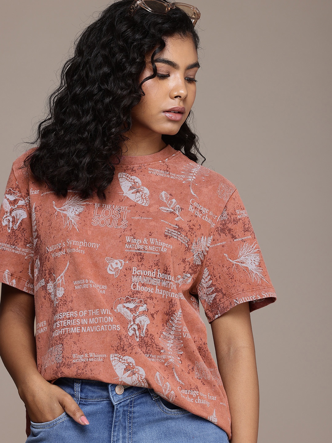 

The Roadster Life Co. Printed Drop-Shoulder Sleeves Pure Cotton Washed Effect Boxy T-shirt, Rust