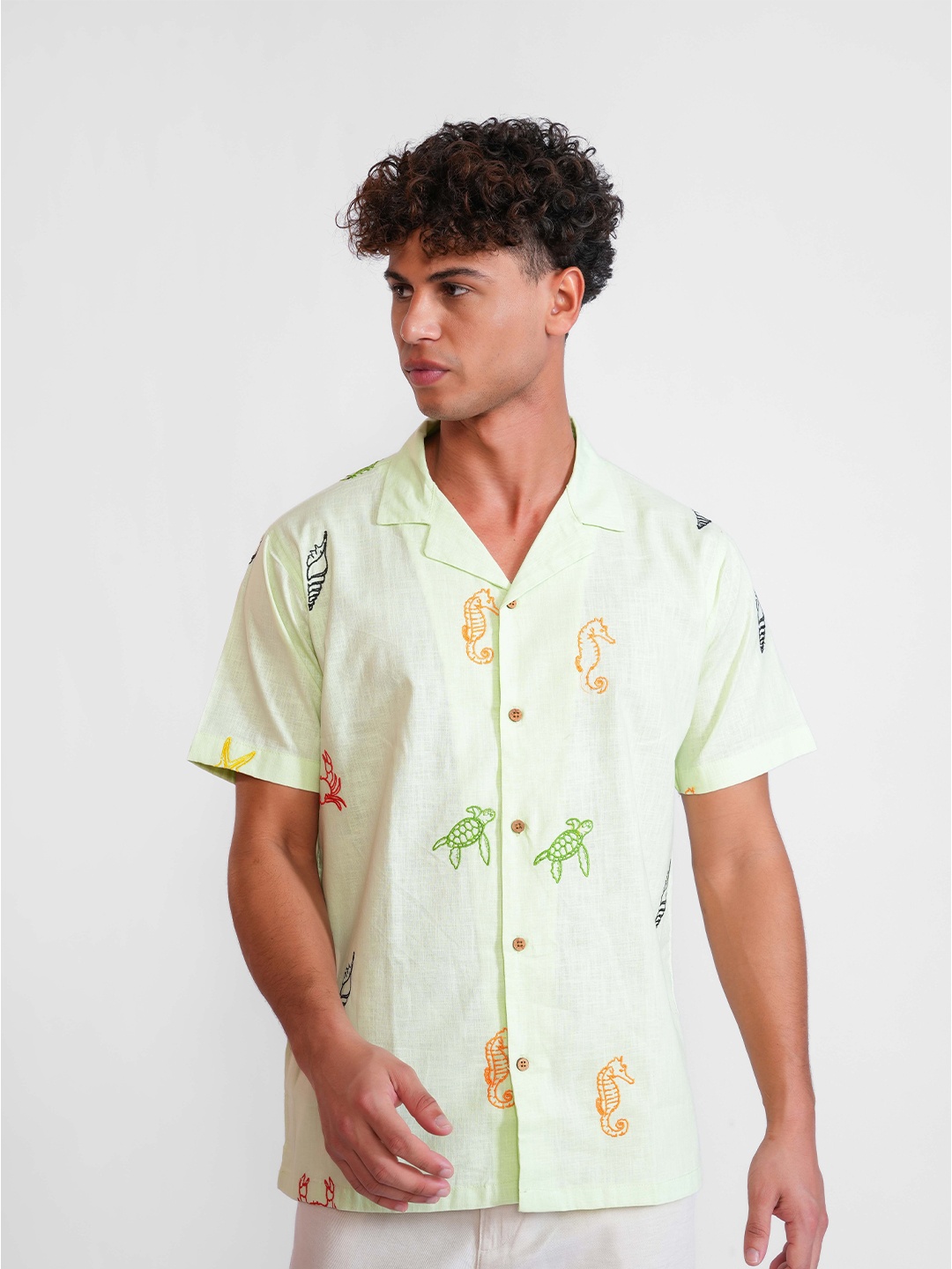 

DALCHINII Men Relaxed Cuban Collar Conversational Printed Cotton Casual Shirt, Lime green