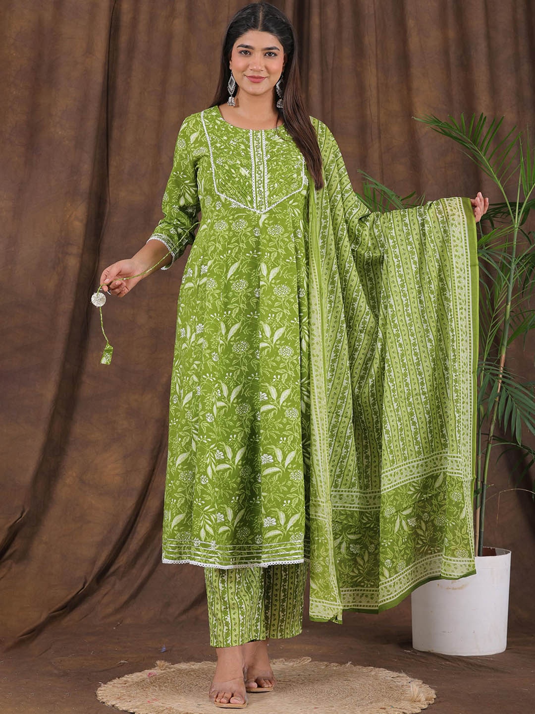 

PARTHVI Floral Printed A-Line Kurta with Trousers & Dupatta, Green