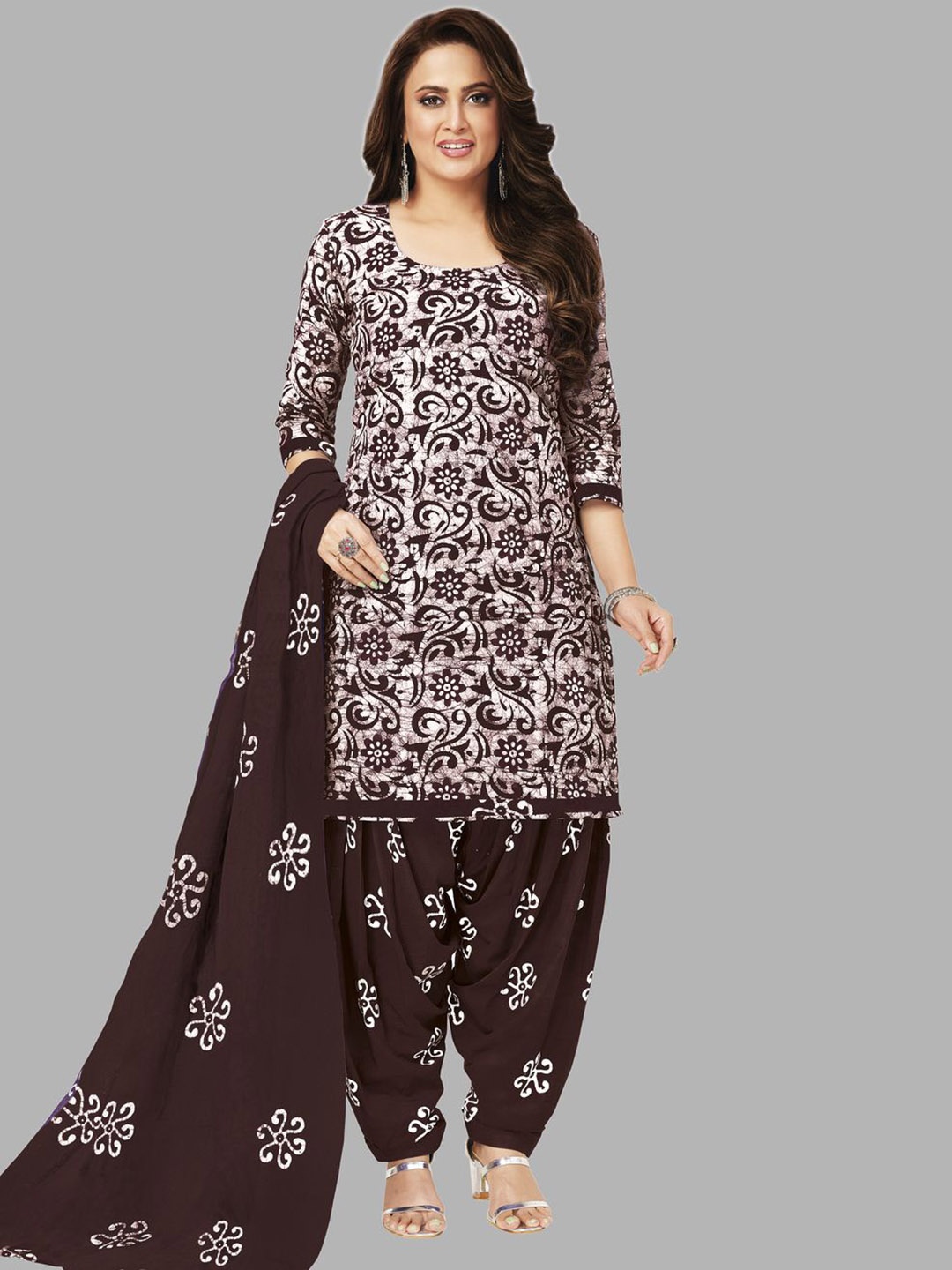 

MIRAAN Floral Printed Pure Cotton Unstitched Dress Material, Brown