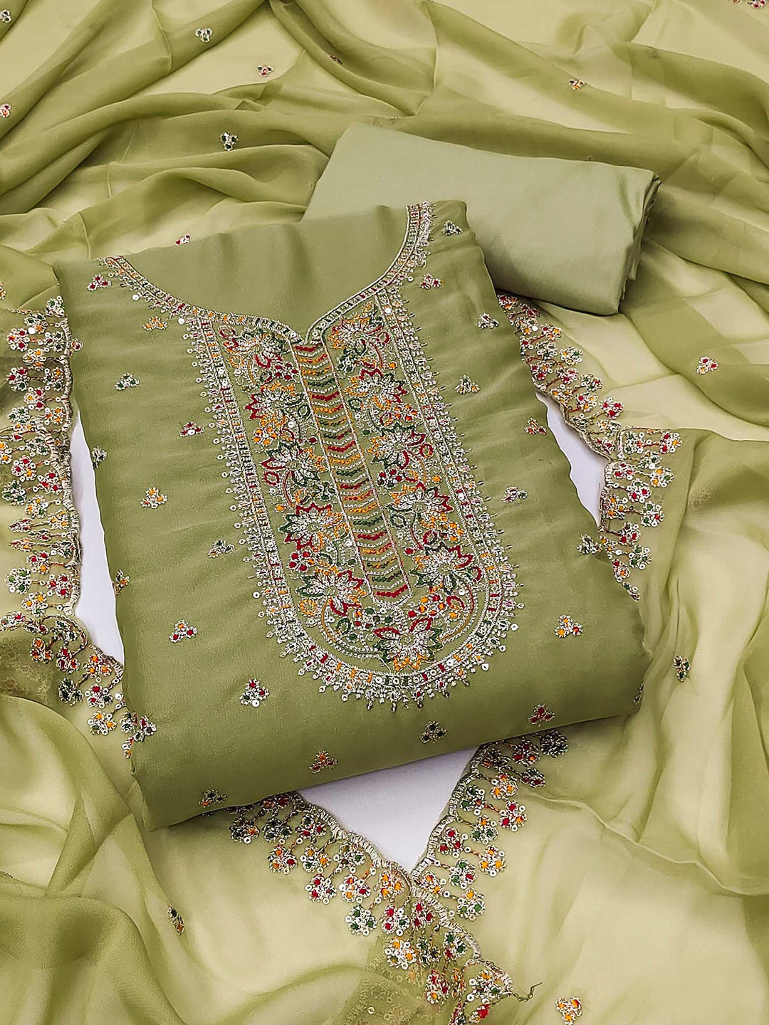 

Peachmode Embroidered Sequinned Silk Georgette Unstitched Dress Material, Green