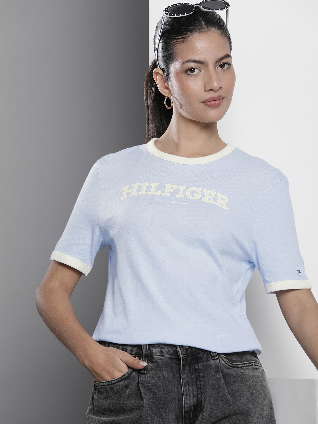 

Tommy Hilfiger Brand Logo Printed Pure Cotton T-shirt, Blue