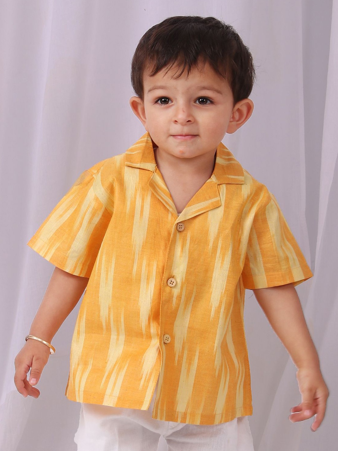 

TJORI Boys Cuban Collar Vertical Striped Cotton Casual Shirt, Yellow